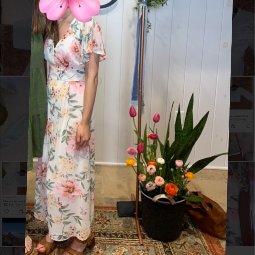 June & Hudson midi dress from Belk. Green, pink, yellow floral design on white.